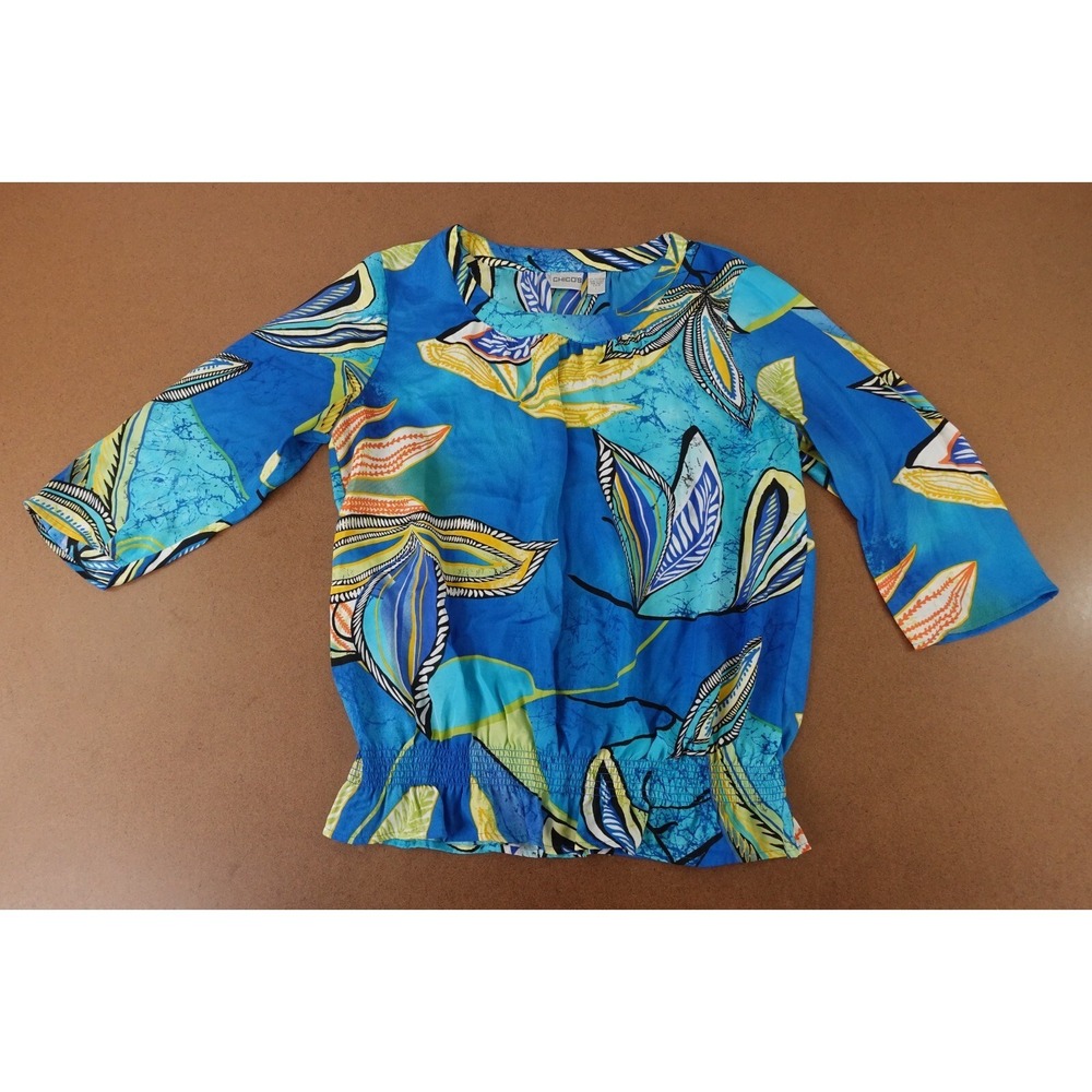 Chico's Women's Large Blue Floral Print 3/4 Sleeve Smocked Hem Pullover Blouse